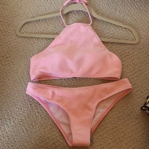 Pink Ribbed Bikini with High Halter Neck